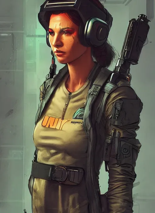 Image similar to Beautiful Maria. Gorgeous female cyberpunk mercenary wearing a cyberpunk headset, military vest, and jumpsuit. gorgeous face. Concept art by James Gurney and Laurie Greasley. Industrial setting. ArtstationHQ. Creative character design for cyberpunk 2077.