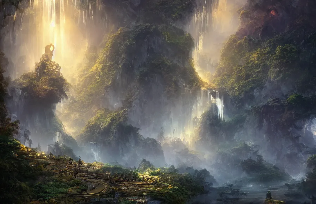 Image similar to a huge arc far away in the style of stephan martiniere, detailed dreamscape, hyperreal phantastic, intricate details in environment, golden ratio, high aestehtic, waterfalls and lakes, cinematic light dramatic light, lightrays, flying birds in distance, trending on artstation