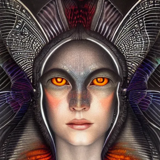 Image similar to beautiful closeup portrait of an art deco shaman, glowing eyes. reflective detailed textures, moth wings, highly detailed dark fantasy science fiction painting by tom bagshaw and michael whelan and diego rivera and annie swynnerton and jean delville, elaborate geometric ornament, ancient runes, silver and cool colors. artstation