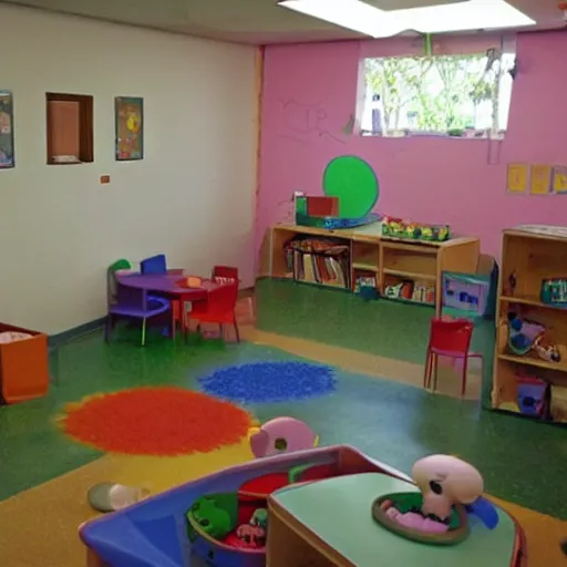 Image similar to childrens daycare indoors limital space, not well litt, creepy photo