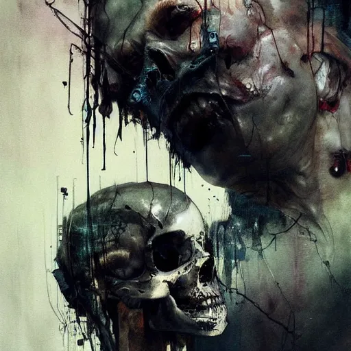 Image similar to skulls wires skin cyberpunk by emil melmoth zdzislaw belsinki craig mullins yoji shinkawa realistic render ominous detailed photo atmospheric by jeremy mann francis bacon and agnes cecile ink drips paint smears digital glitches glitchart