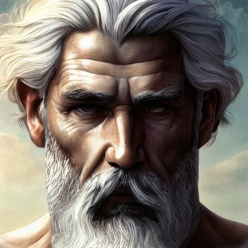 Image similar to portrait of rugged zeus, greek god, 5 0 years old, handsome, white hair, soft hair, upper body, muscular, hairy torso, fantasy, intricate, elegant, highly detailed, digital painting, artstation, concept art, smooth, sharp focus, illustration, art by artgerm and greg rutkowski and alphonse mucha