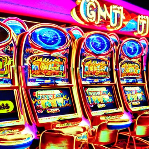 Image similar to Inside the giant fish’s teethy mouth was an opulent vegas casino of slot machines!