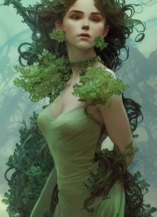 Image similar to a beautiful cute young green fairy, D&D, fantasy, intricate, cinematic lighting, highly detailed, digital painting, artstation, concept art, smooth, sharp focus, illustration, art by Terry Moore and Greg Rutkowski and Alphonse Mucha