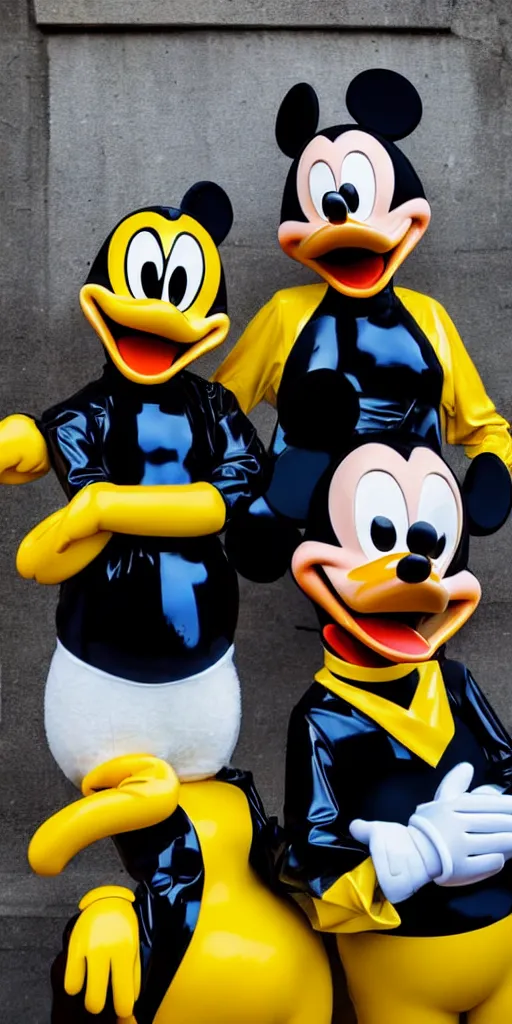 Prompt: close shot of donald duck and mickey mouse wearing latex outfits in front of berghain, berlin style, photography by sven marquardt, highly detailed, photorealistic, 4 k