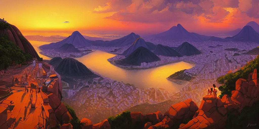 Prompt: pastels painting of sunset over RIo de Janiero, Christ the Redeemer, panoramic, digital painting, by RHADS and Moebius