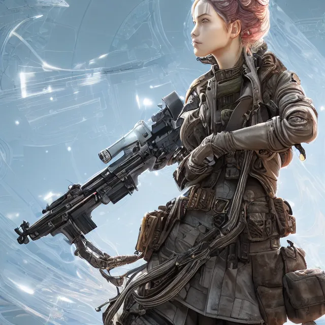 Image similar to the portrait of lawful neutral female futuristic infantry sniper as absurdly beautiful, gorgeous, elegant, young woman looking up, an ultrafine hyperdetailed illustration by kim jung gi, irakli nadar, intricate linework, bright colors, octopath traveler, final fantasy, unreal engine 5 highly rendered, global illumination, radiant light, detailed and intricate environment