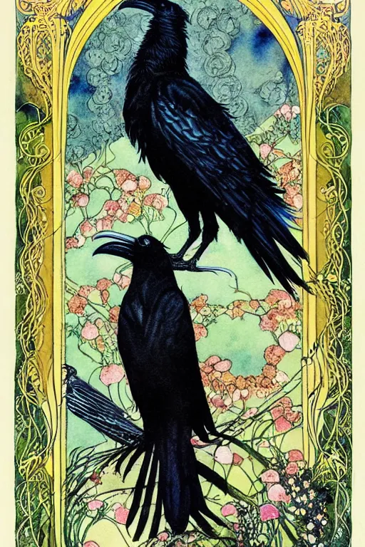 Prompt: single realistic raven in the center of an ornate floral frame, art by kay nielsen and walter crane, illustration style, watercolor