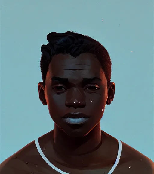 Image similar to portrait of a young man, raised on the island, dark skin, white hair, face tatooes by atey ghailan, by greg rutkowski, by greg tocchini, by james gilleard, by joe fenton, by kaethe butcher, dynamic lighting, gradient light blue, brown, blonde cream and white color scheme, grunge aesthetic