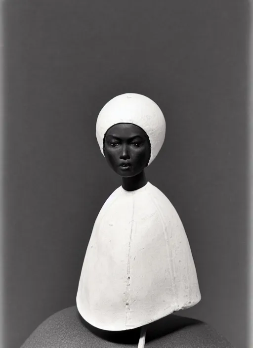 Prompt: realistic photo of a a medieval wooden barbie girl doll sculpture dressed white spherical hat helmet made of plastic, black brushwood, greyscale grain 1 9 6 0, life magazine photo, natural colors, metropolitan museum, kodak