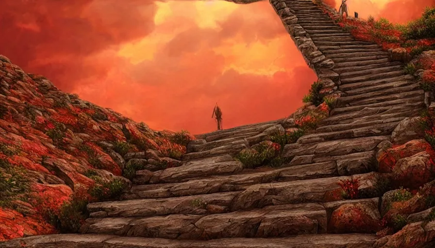 Prompt: a stone stairway leading into the heavens, fire, red sky, red rain, dark clouds, rule of thirds, highly detailed, volumetric lighting, trending on artstation, concept art, matte painting, 4k, octane render, art by ted nasmith and greg rutkowski