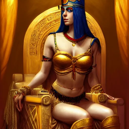 Prompt: Cleopatra sitting on her throne, beautiful eyes, full body, fantasy, beautiful face, vivid colors, elegant, concept art, sharp focus, digital art, Hyper-realistic, 4K, Unreal Engine, Highly Detailed, HD, Dramatic Lighting by Brom, trending on Artstation