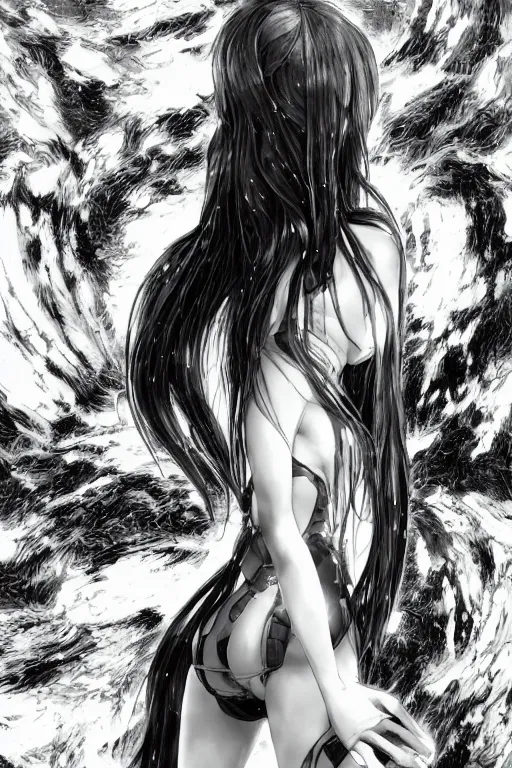 Image similar to a vertical portrait of a character in a scenic environment by Yoshitaka Amano, black and white, dreamy, cybernetic suit, wavy long black hair, highly detailed