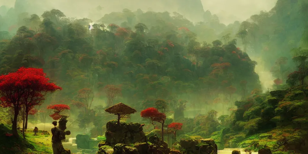 Image similar to beautiful landscape forests mountains rivers red and green leaves many layers waterfalls villages castles, buildings artstation illustration sharp focus sunlit vista painted by ruan jia raymond swanland lawrence alma tadema zdzislaw beksinski norman rockwell tom lovell alex malveda greg staples