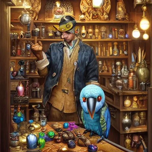 Prompt: A Anthropomorphized parrot trader in his shop, selling his wares, portrait, items, gold, carpet, window, sly expression, cunning expression, D&D, fantasy, intricate, cinematic lighting, highly detailed, digital painting, artstation, concept art, smooth, sharp focus, illustration, magic the gathering artwork, art by Akihiko Yoshida, Greg Rutkowski