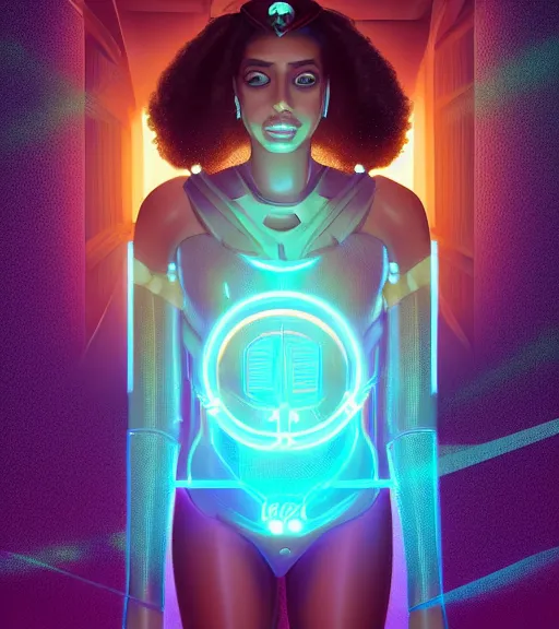 Image similar to symmetry!! egyptian princess of technology, solid cube of light, hard edges, product render retro - futuristic poster scifi, lasers and neon circuits, beautiful brown skin woman egyptian princess, intricate, elegant, highly detailed, digital painting, artstation, concept art, smooth, sharp focus, illustration, dreamlike, art by artgerm