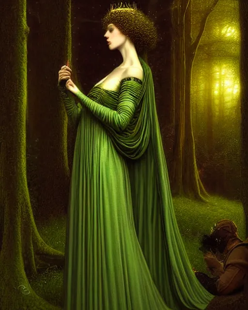 Prompt: nocturne, glowing, stars, a portrait of a beautiful medieval princess, tall and thin, highly detailed, mysterious, ethereal, dressed in green velvet and gold jewelry, haute couture, dark forest, illustration, dramatic lighting, soft details, painting, by edmund blair leighton, brom, charlie bowater, faces by otto schmidt