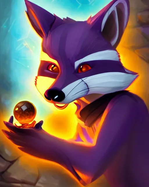 Prompt: highly detailed digital illustration portrait of sorcerer sly cooper raccoon holding a magical glowing gemstone in a crystal cave, action pose, d & d, magic the gathering, criag mullins, artgerm, wlop, disney, pixar,