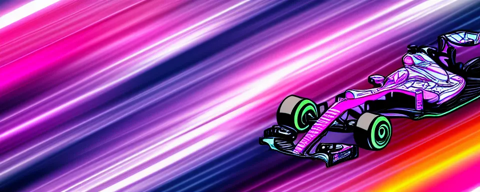 Image similar to abstract illustration of a formula one car, synthwave, purple and pink, motion blur, light streaks