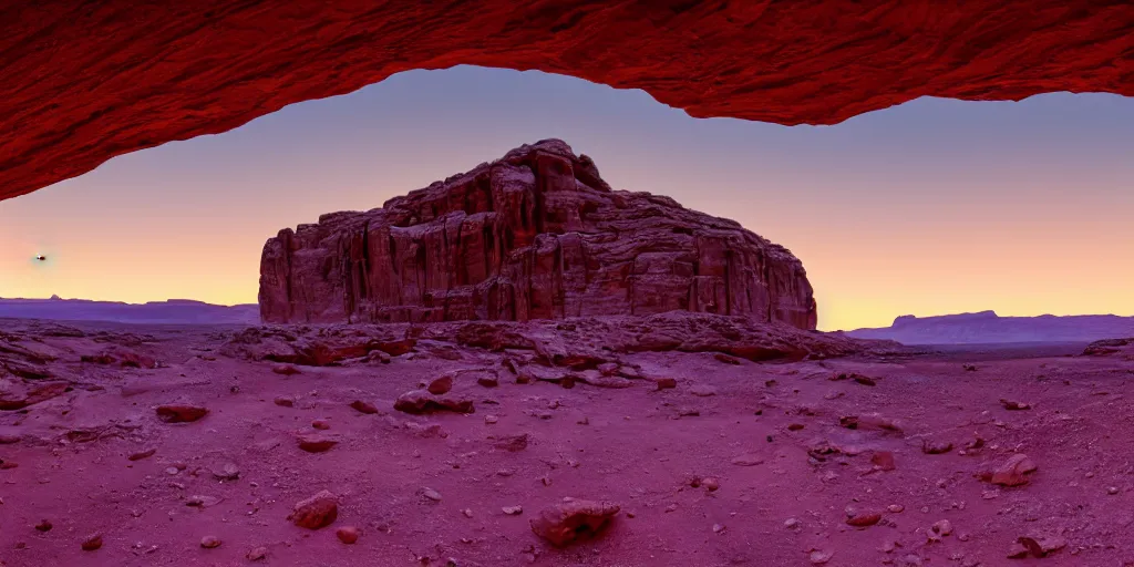 Image similar to a view looking out of a cave of a dried up river bend running through a canyon surrounded by desert mountains at sunset on mars, purple sky, two moons, planet mars, moab, utah, a tilt shift photo by frederic church, trending on unsplash, hudson river school, photo taken with provia, national geographic photo