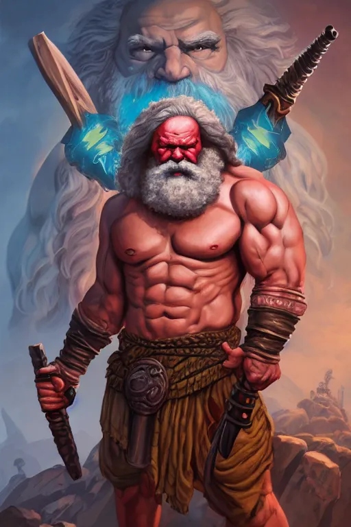 Prompt: character portrait of buff barbarian karl marx with a tattoo of an eye on the forehead, dungeons and dragons cover artwork, dynamic composition, dramatic lighting, trending on artstation, award winning art, stylized painting by sophie anderson, wayne barlowe, richard corben, concept art, 4 k, 8 k, gold and teal color scheme