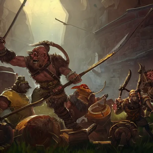 Image similar to a detailed fantasy painting of a berserker dwarf swinging axes fighting scaven rats from vermintide 2 videogame, warhammer, artstation, 8,