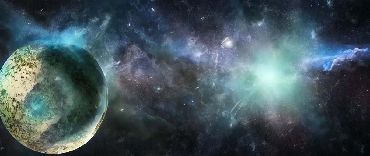 Image similar to a small lone crumbling island, center of image, floating in space, debris, planets, stars, nebula, studio, digital art, detailed, depth of field
