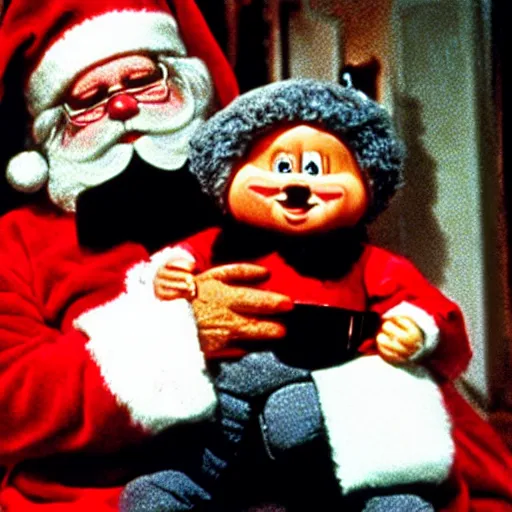 Image similar to santa claus holding chucky the killer doll from the movie child's play