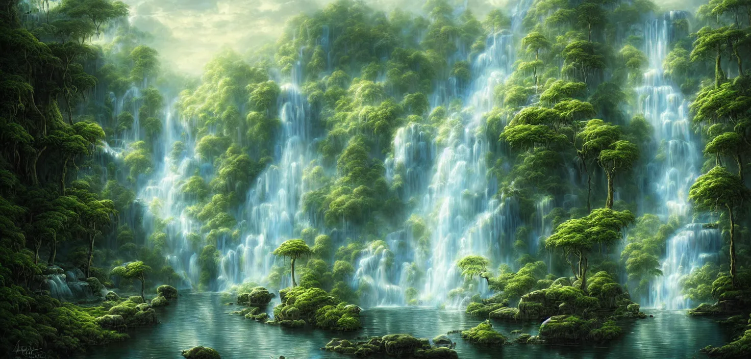 Prompt: a painting of a waterfall in a random magic forest, a detailed matte painting landscape by todd lockwood, deviantart, fantasy art, matte painting, matte drawing, airbrush art