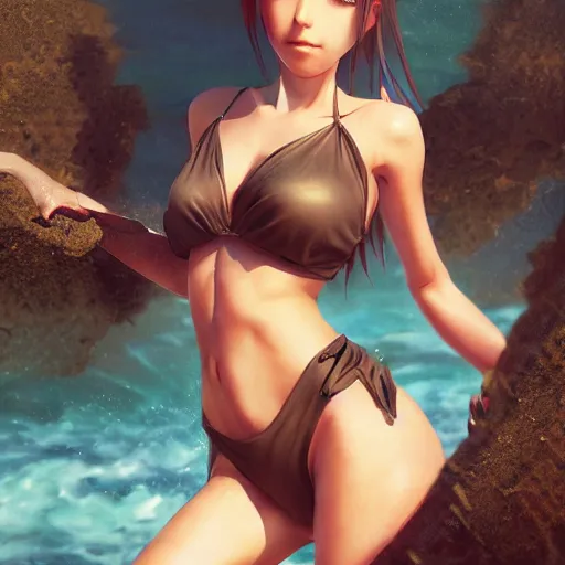 Image similar to photo realistic image of a pretty anime girl in bikini, stunning 3 d render inspired art by istvan sandorfi and greg rutkowski, perfect facial symmetry, realistic, highly detailed attributes and atmosphere, dim volumetric cinematic lighting,