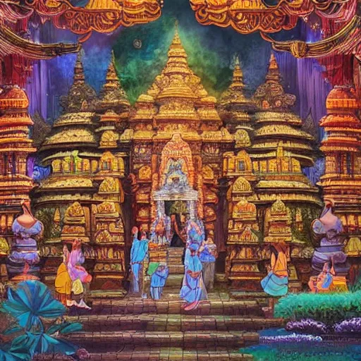 Prompt: a grand ancient Hindu temple, festival vibes, lots of people, sacredness, cinematic, studio ghibli style, beautifully detailed painting