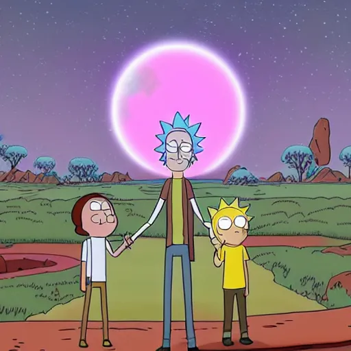 Image similar to rick and morty on a planet made of marshmallows