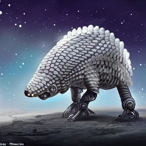 Prompt: a robotic pangolin that stands six feet tall with pearl white scales standing on its hind legs in front of a spaceship on an alien planet, sci Fi concept art