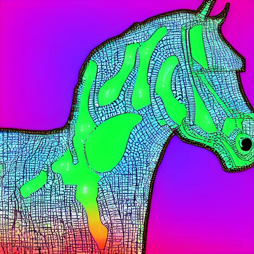 Prompt: digital horse, glowing circuit board patterns along body, retrowave palette, highly detailed, anatomically correct equine, digital art