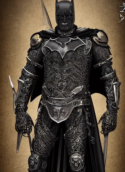 Prompt: hyper realistic glorious ancient celtic batman in a obsidian metal armor, futuristic design, designed by makoto kobayashi and luca zampriolo, portrait, cyberpunk style, wood and gold details, intricate, extremely detailed, ornate, deep of field, hard surface, exoskeleton, substance designer metal unreal engine. amazing likeness. very detailed.