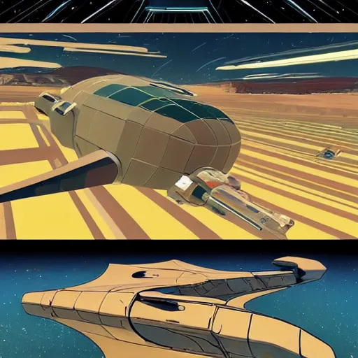 Image similar to a spaceport in no man's sky styles : cloisonnism, syd mead, moebius