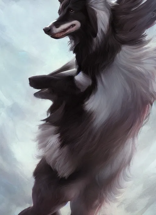 Image similar to wide angle beautiful full body portrait of a strong male anthropomorphic anthro border collie fursona, character design by charlie bowater, henry asencio, and ross tran, furry art, furaffinity, beautiful, glamor pose, detailed, aesthetic, trending on artstation