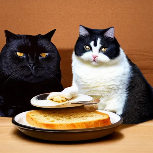 Image similar to obese cat sitting next to a slice of toast with indomie mi goreng noodles on top