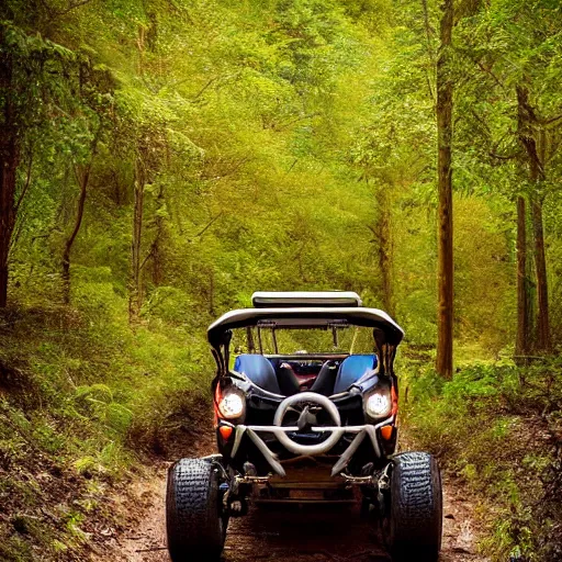 Image similar to amazing landscape photo of an off road buggy with a smiling driver inside inside a forest by marc adamus, beautiful dramatic lighting