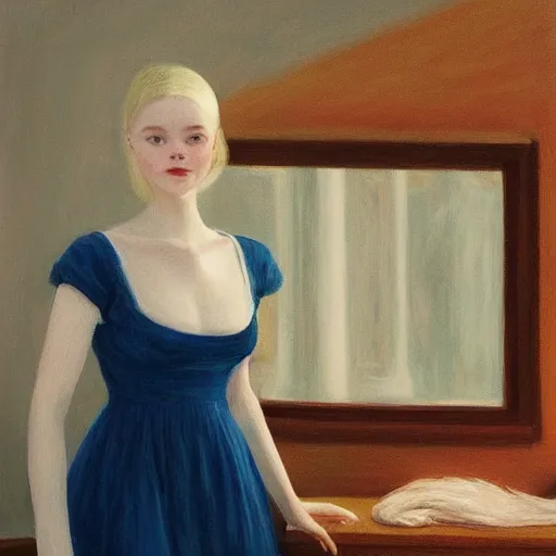 Image similar to Painting of Elle Fanning bringing about the age of fire, long blonde hair, delicate, pale milky white porcelain skin, by Edward Hopper. 8K. Extremely detailed.