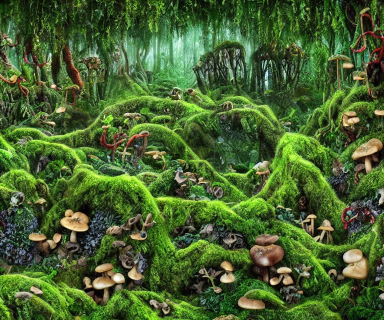 Image similar to a rainforest made of mushrooms, moss, and vines in the style of anti - art trending on artstation deviantart pinterest detailed high resolution hd 8 k