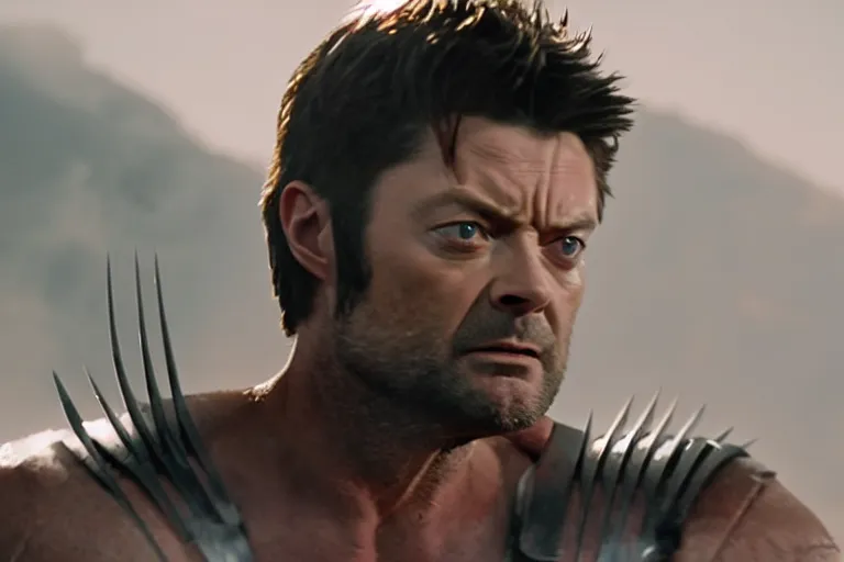 Image similar to film still frame of karl urban as wolverine, adamantium, high quality