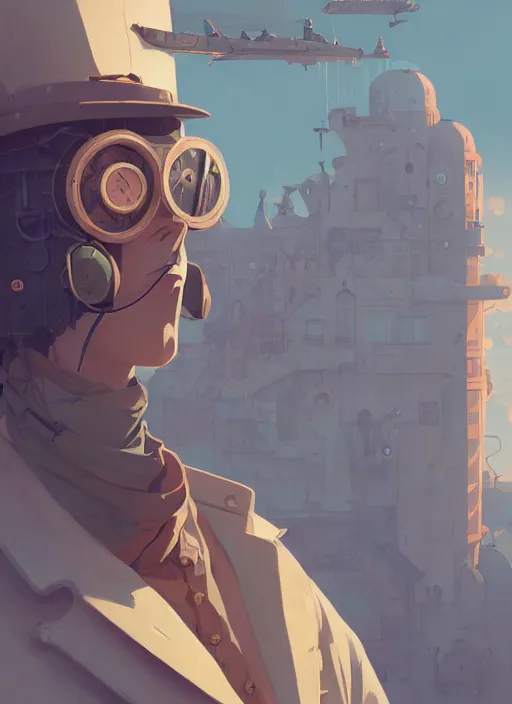 Image similar to detailed portrait of steampunk traveller, by cory loftis, atey ghailan, makoto shinkai, hasui kawase, james gilleard, beautiful, peaceful, calm