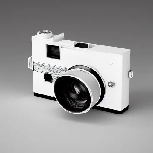 Prompt: from view of Leica rangefinder camera on white background, designed by Dieter Rams, painted by Syd Mead, octane render, keyshot, industrial design, minimalism