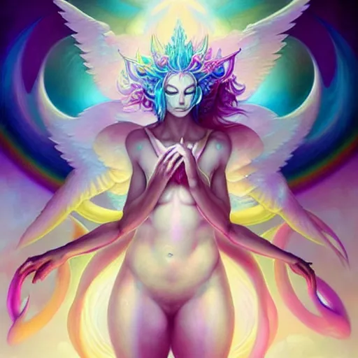 Image similar to psychedelic angelic celestial being artwork of peter mohrbacher, ayahuasca, energy body, sacred geometry, esoteric art, rainbow colors, realist, abstract and surreal art styles with anime and cartoon influences divinity