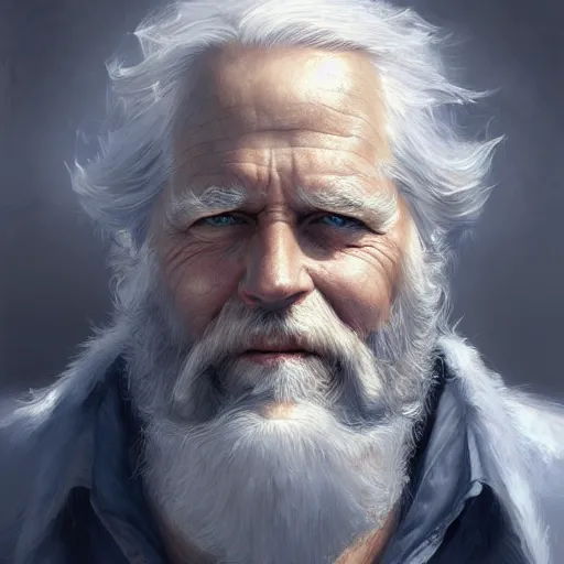 Image similar to Old man, vivid blue eyes, bushy white beard, digital painting, lots of details, extremely detailed, 4k, intricate, brush strokes, Mark Arian, Artgerm, Bastien Lecouffe-Deharme