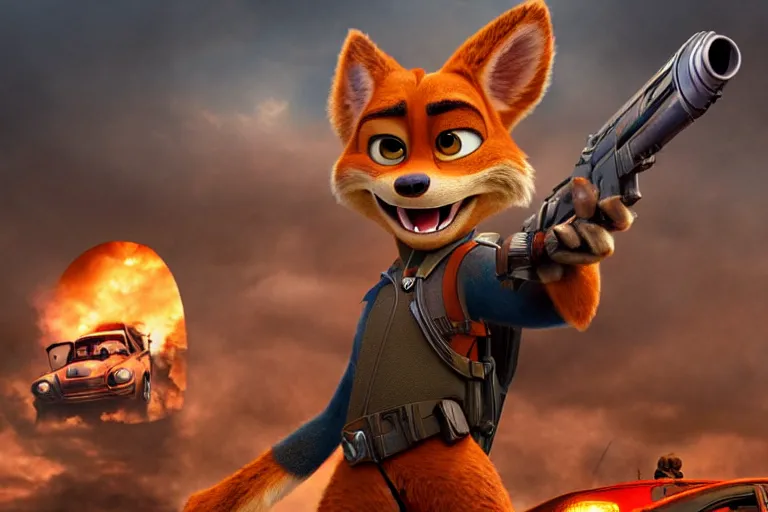 Image similar to nick wilde ( from zootopia ), heavily armed and armored facing down armageddon in a dark and gritty reboot from the makers of mad max : fury road