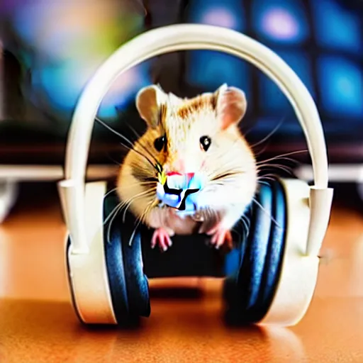 Prompt: hamster playing computer. hamster in gaming headphones. hamster sitting on gaming chair. beside view.