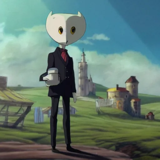 Prompt: a shot of a barn owl in a suit in howl's moving castle movie, movie shot, anime, hightly detailed, rescalated 4 k, detailed