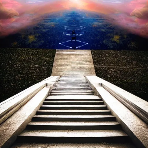 Image similar to steps into the sky leading to a floating door that opens up into another world